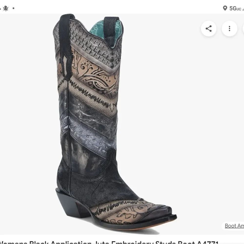 Corral Black Application Jute Embroidered Style Boots Size 9 NWT